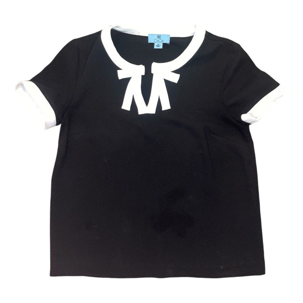 CeCe Black & White Bow Tie Blouse XS | Cute Short Sleeve Top